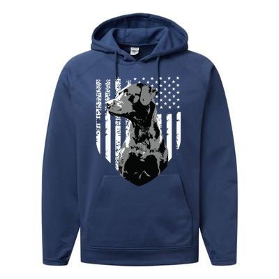 Patriotic USA Flag Black Labrador Gift For Lab Owners Performance Fleece Hoodie