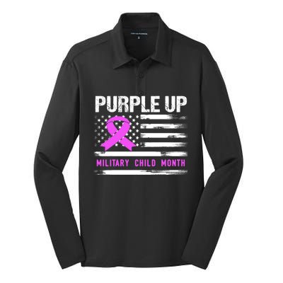 Purple Up For Military Awareness Month Us Flag Gift Silk Touch Performance Long Sleeve Polo