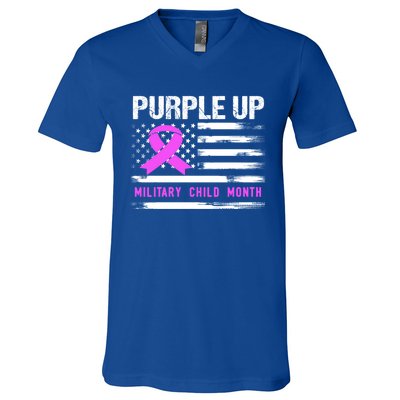 Purple Up For Military Awareness Month Us Flag Gift V-Neck T-Shirt