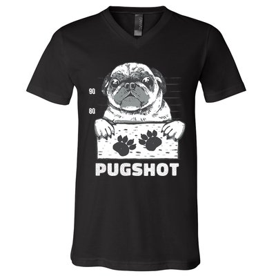 Pugshot Jail Prison Funny Pug V-Neck T-Shirt
