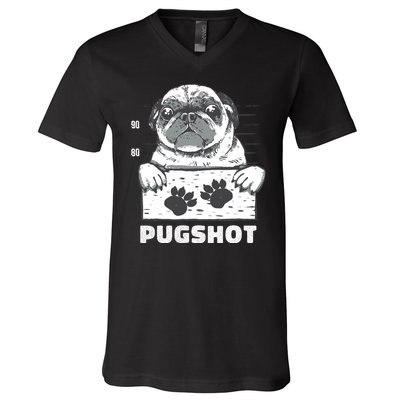 Pugshot Jail Prison Funny Pug V-Neck T-Shirt