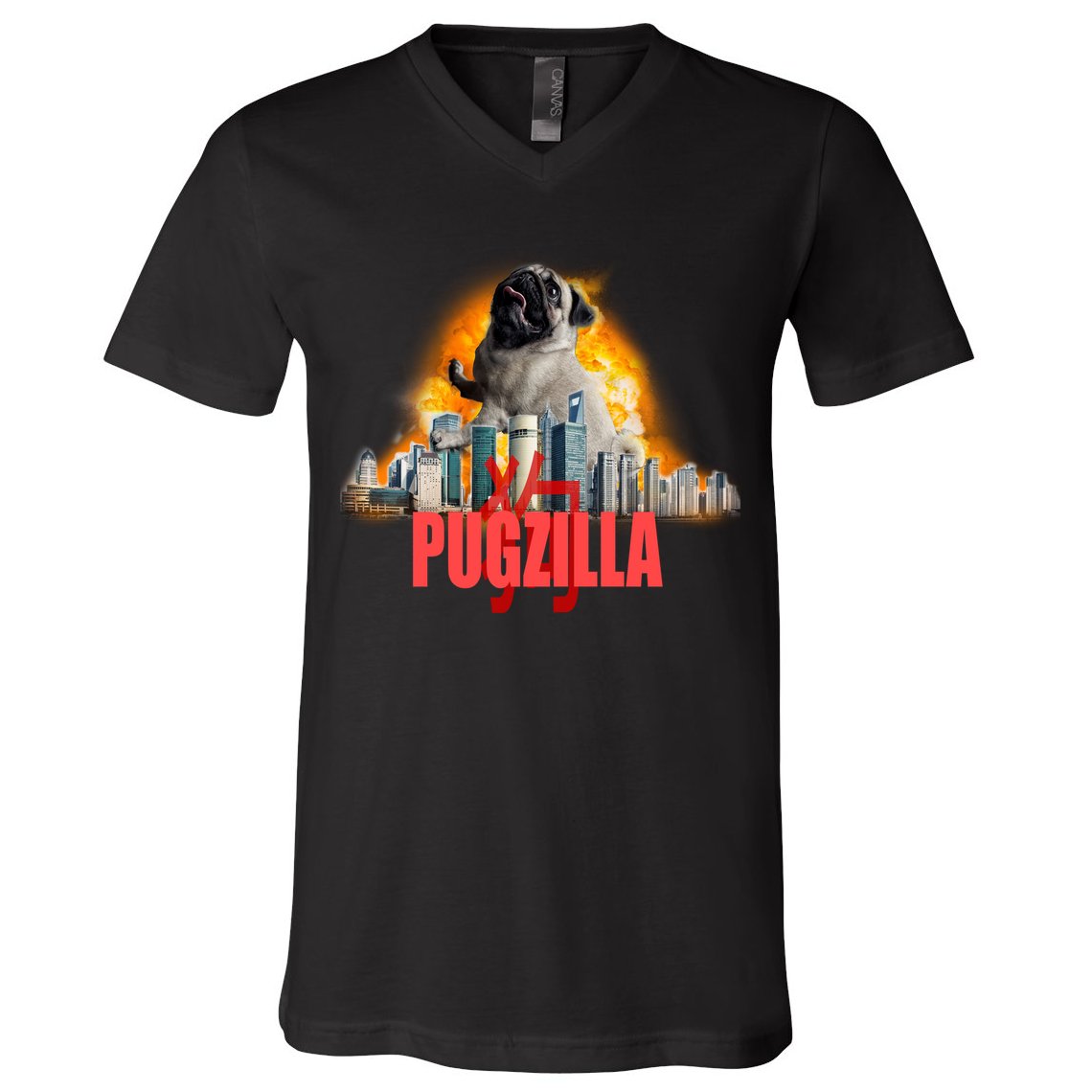 Pugzilla Funny Pug V-Neck T-Shirt