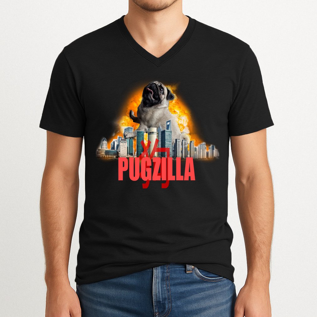 Pugzilla Funny Pug V-Neck T-Shirt