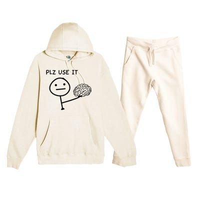 Plz Use It X Use Your Brain. Funny Stupid Saying Premium Hooded Sweatsuit Set