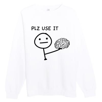 Plz Use It X Use Your Brain. Funny Stupid Saying Premium Crewneck Sweatshirt