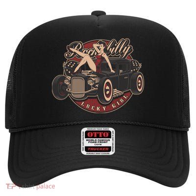 Pin Up Lucky Girl Classic Hot Rod Rockabilly High Crown Mesh Back Trucker Hat