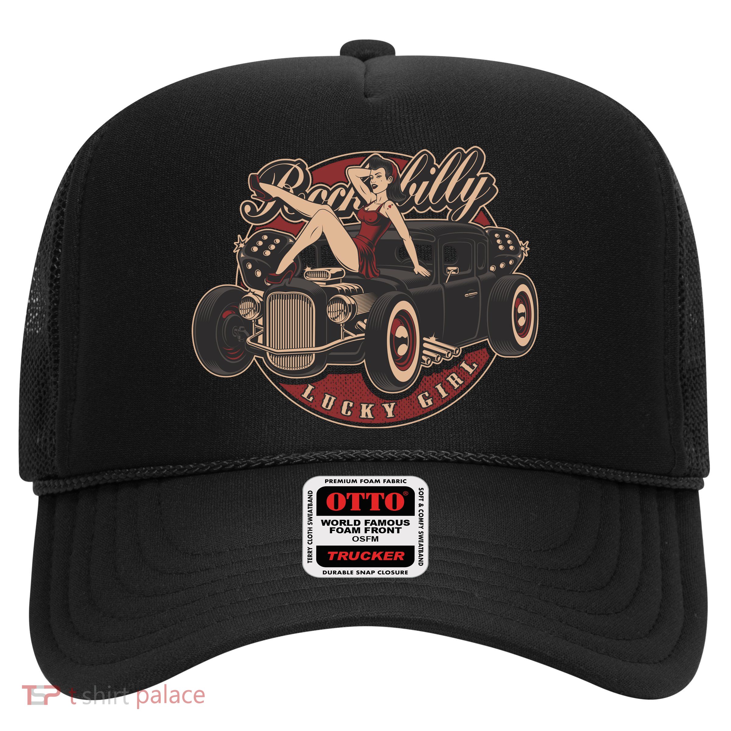 Pin Up Lucky Girl Classic Hot Rod Rockabilly Trucker Hat