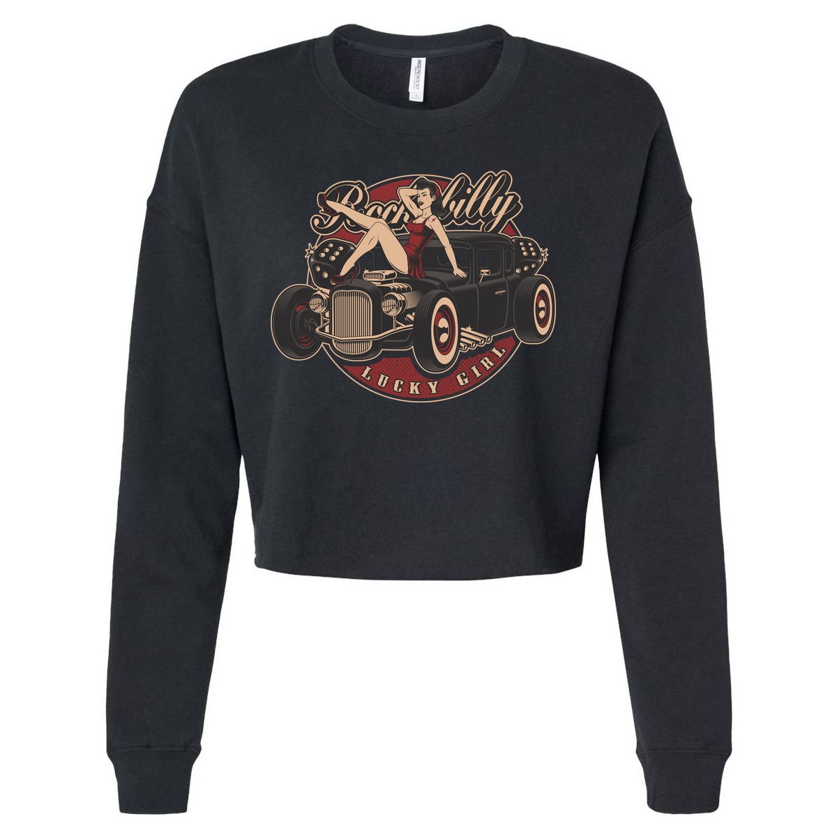 Pin Up Lucky Girl Classic Hot Rod Rockabilly Cropped Pullover Crew