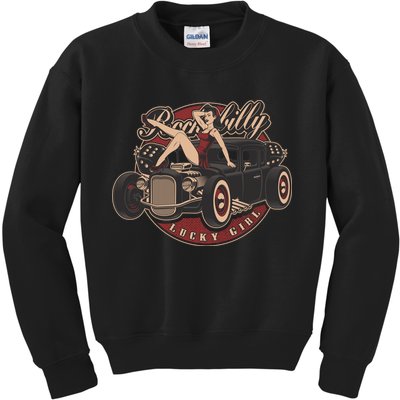 Pin Up Lucky Girl Classic Hot Rod Rockabilly Kids Sweatshirt