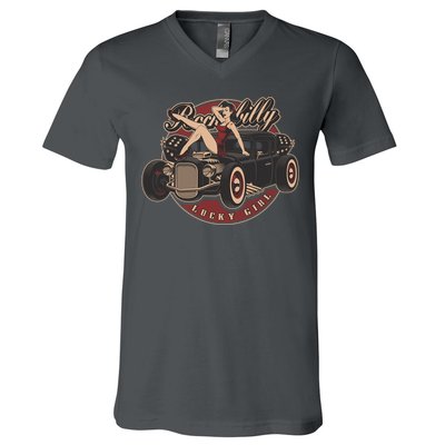 Pin Up Lucky Girl Classic Hot Rod Rockabilly V-Neck T-Shirt