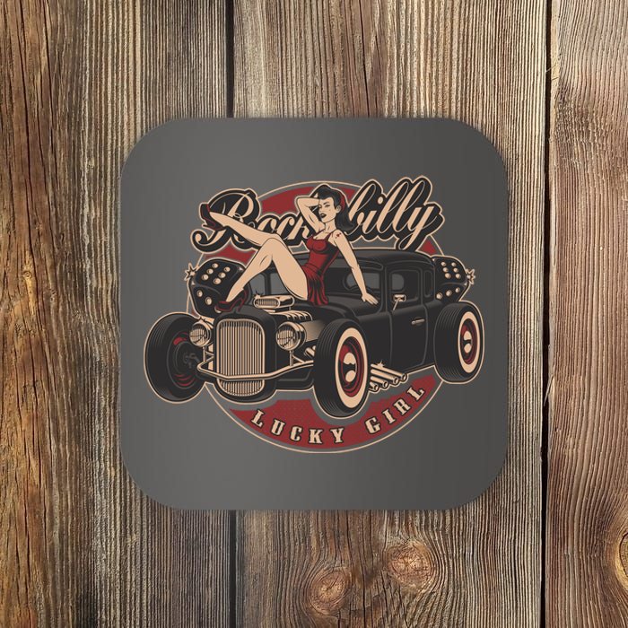 Pin Up Lucky Girl Classic Hot Rod Rockabilly Coaster