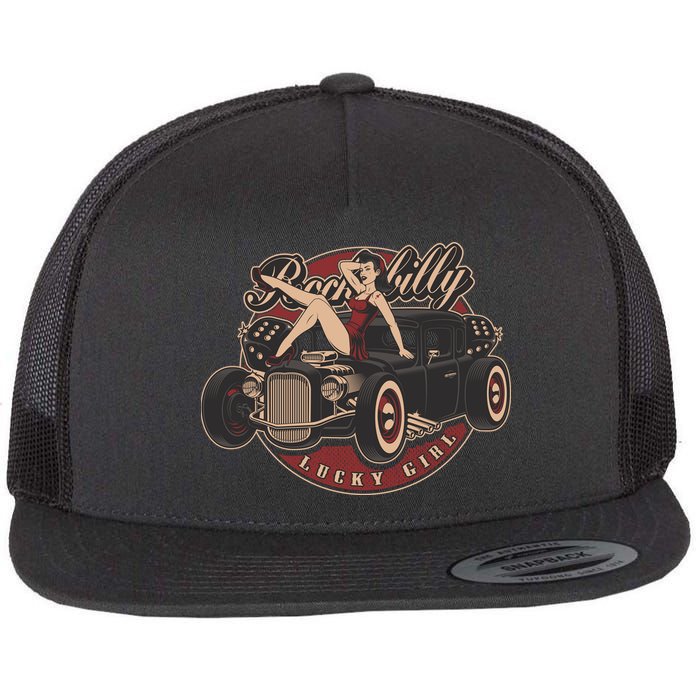 Pin Up Lucky Girl Classic Hot Rod Rockabilly Flatbill Hat
