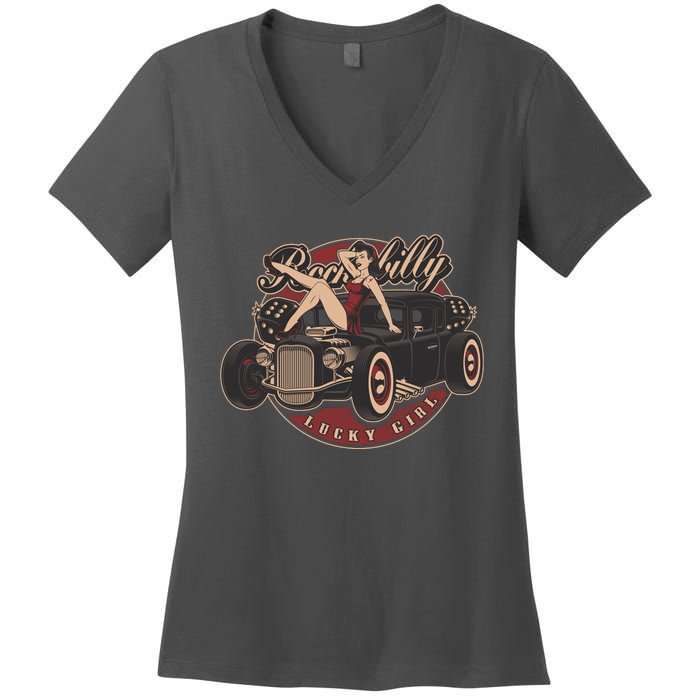 Pin Up Lucky Girl Classic Hot Rod Rockabilly Women's V-Neck T-Shirt