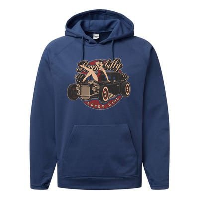 Pin Up Lucky Girl Classic Hot Rod Rockabilly Performance Fleece Hoodie