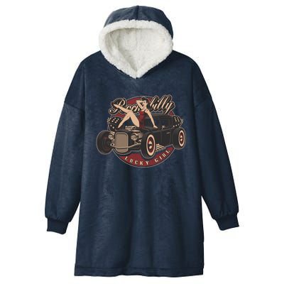 Pin Up Lucky Girl Classic Hot Rod Rockabilly Hooded Wearable Blanket