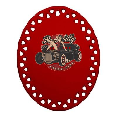 Pin Up Lucky Girl Classic Hot Rod Rockabilly Ceramic Oval Ornament