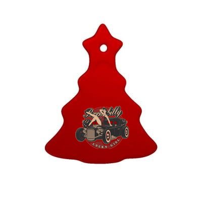 Pin Up Lucky Girl Classic Hot Rod Rockabilly Ceramic Tree Ornament