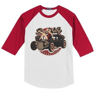 Pin Up Lucky Girl Classic Hot Rod Rockabilly Kids Colorblock Raglan Jersey