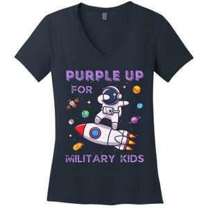 Purple Up Military Ki.Ds Military Child Month Astronaut Funny Women's V-Neck T-Shirt