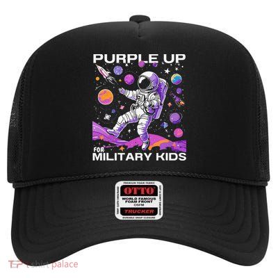 Purple Up Military Child Month Astronaut Funny Military High Crown Mesh Back Trucker Hat