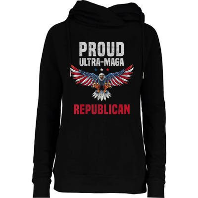 Proud Ultra MAGA Republican. Eagle USA Flag Colors Patriotic Womens Funnel Neck Pullover Hood