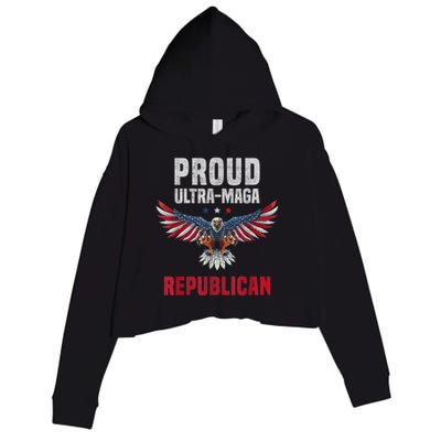 Proud Ultra MAGA Republican. Eagle USA Flag Colors Patriotic Crop Fleece Hoodie