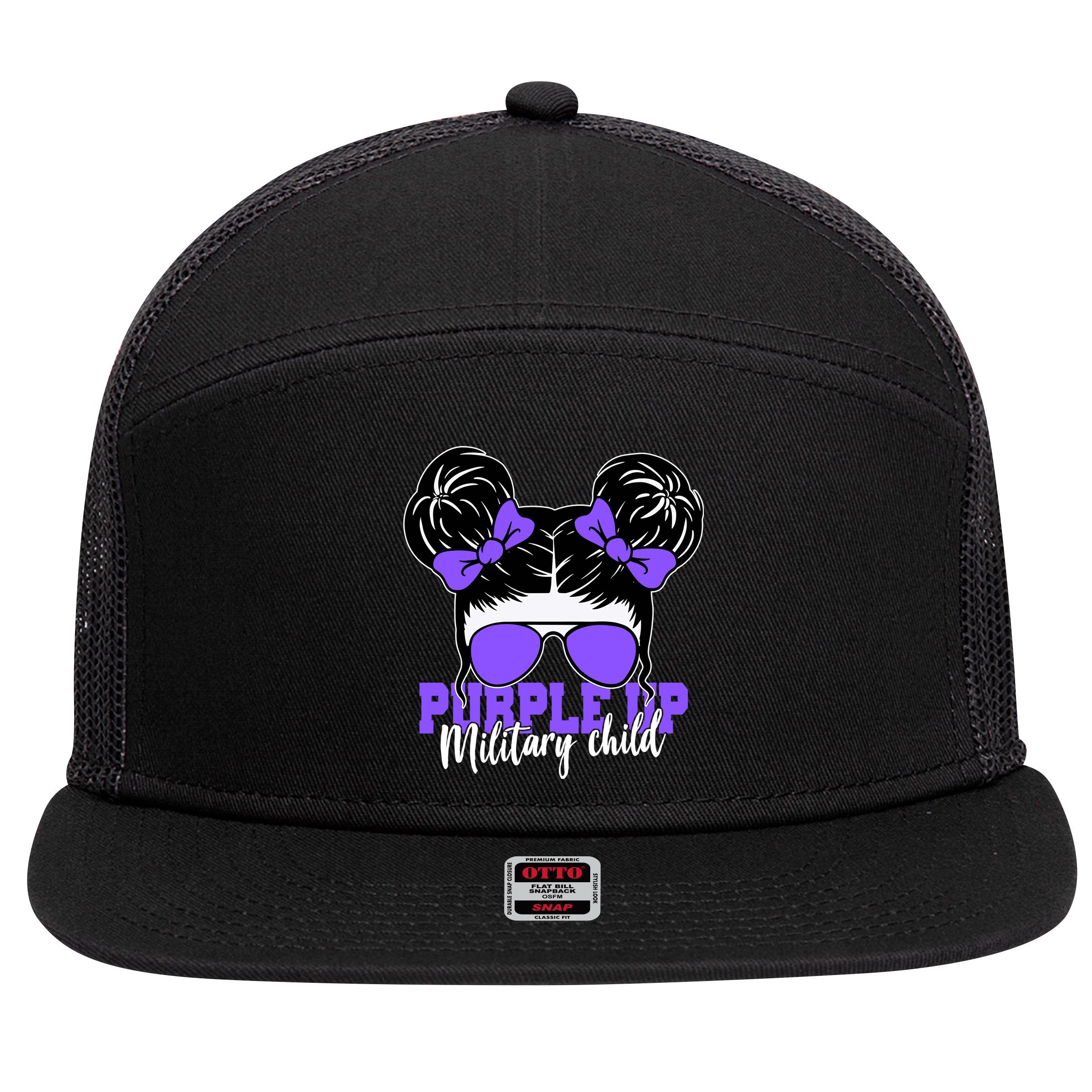 Purple Up Military Child Hair Bun 7 Panel Mesh Trucker Snapback Hat