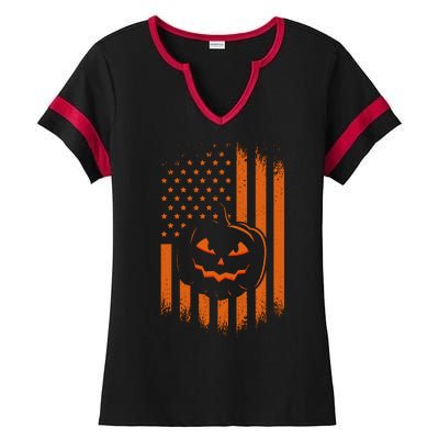 Pumpkin America Halloween Flag Ladies Halftime Notch Neck Tee