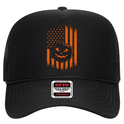 Pumpkin America Halloween Flag High Crown Mesh Back Trucker Hat