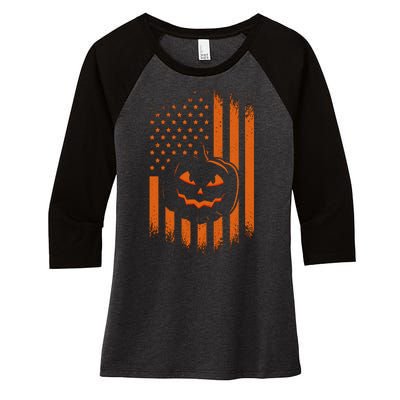 Pumpkin America Halloween Flag Women's Tri-Blend 3/4-Sleeve Raglan Shirt