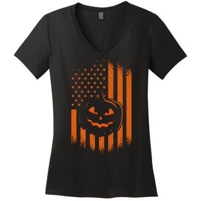 Pumpkin America Halloween Flag Women's V-Neck T-Shirt