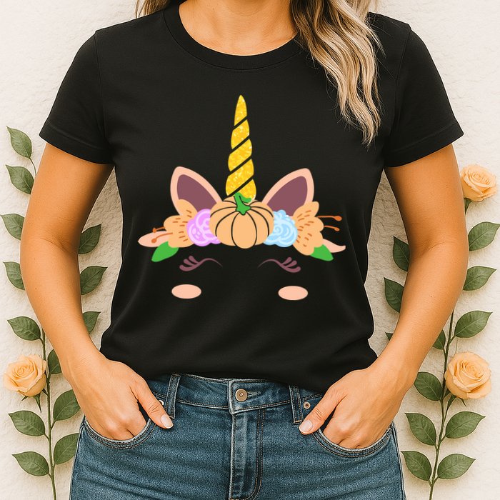 Pumpkin Autumn Fall Unicorn Cute Womens T-Shirt