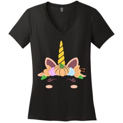 Pumpkin Autumn Fall Unicorn Cute Women's V-Neck T-Shirt