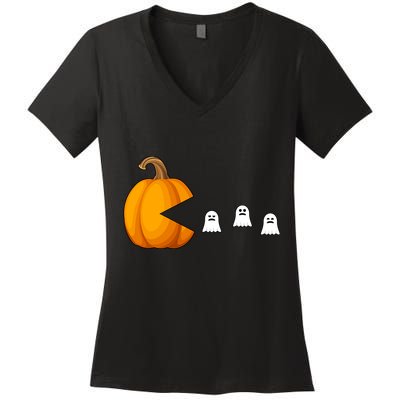 Pumpkin Ghosts Retro Pic Elated Women's V-Neck T-Shirt