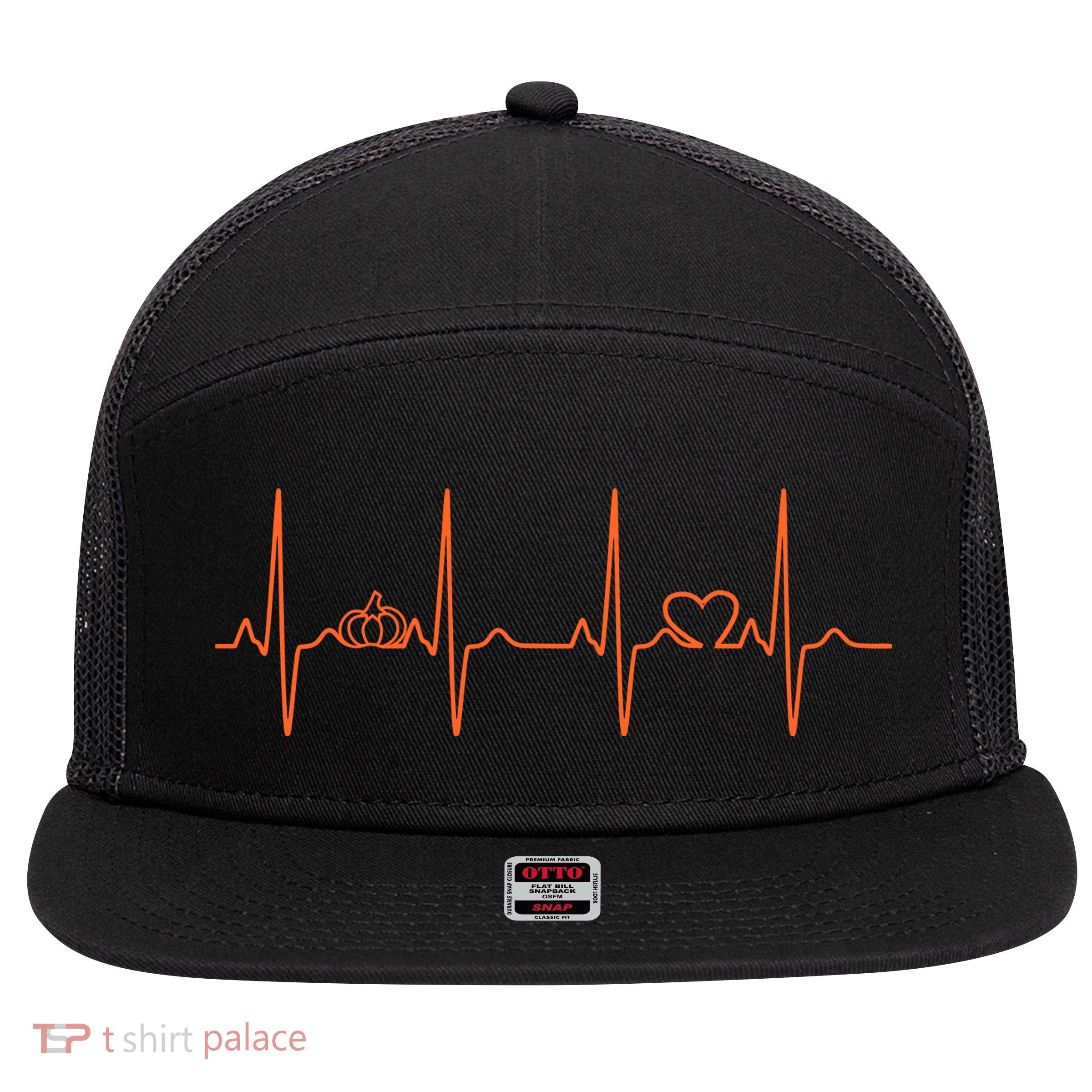 Pumpkin Halloween Heartbeat Pulse 7 Panel Mesh Trucker Snapback Hat