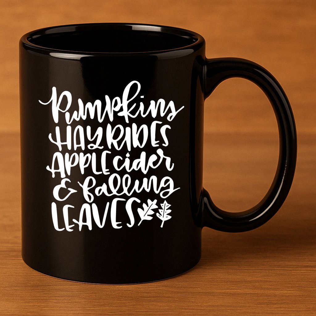 Pumpkin Hayrides Apple cider Falling Leaves 11oz C Handle Ceramic Mug