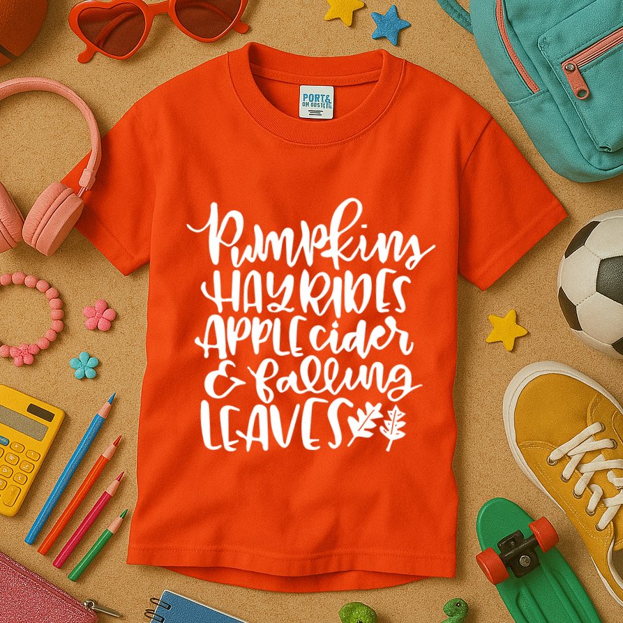 Pumpkin Hayrides Apple cider Falling Leaves Kids T-Shirt