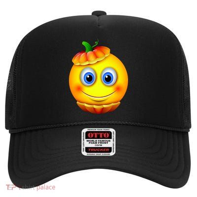 Pumpkin Smiley Emoji High Crown Mesh Back Trucker Hat