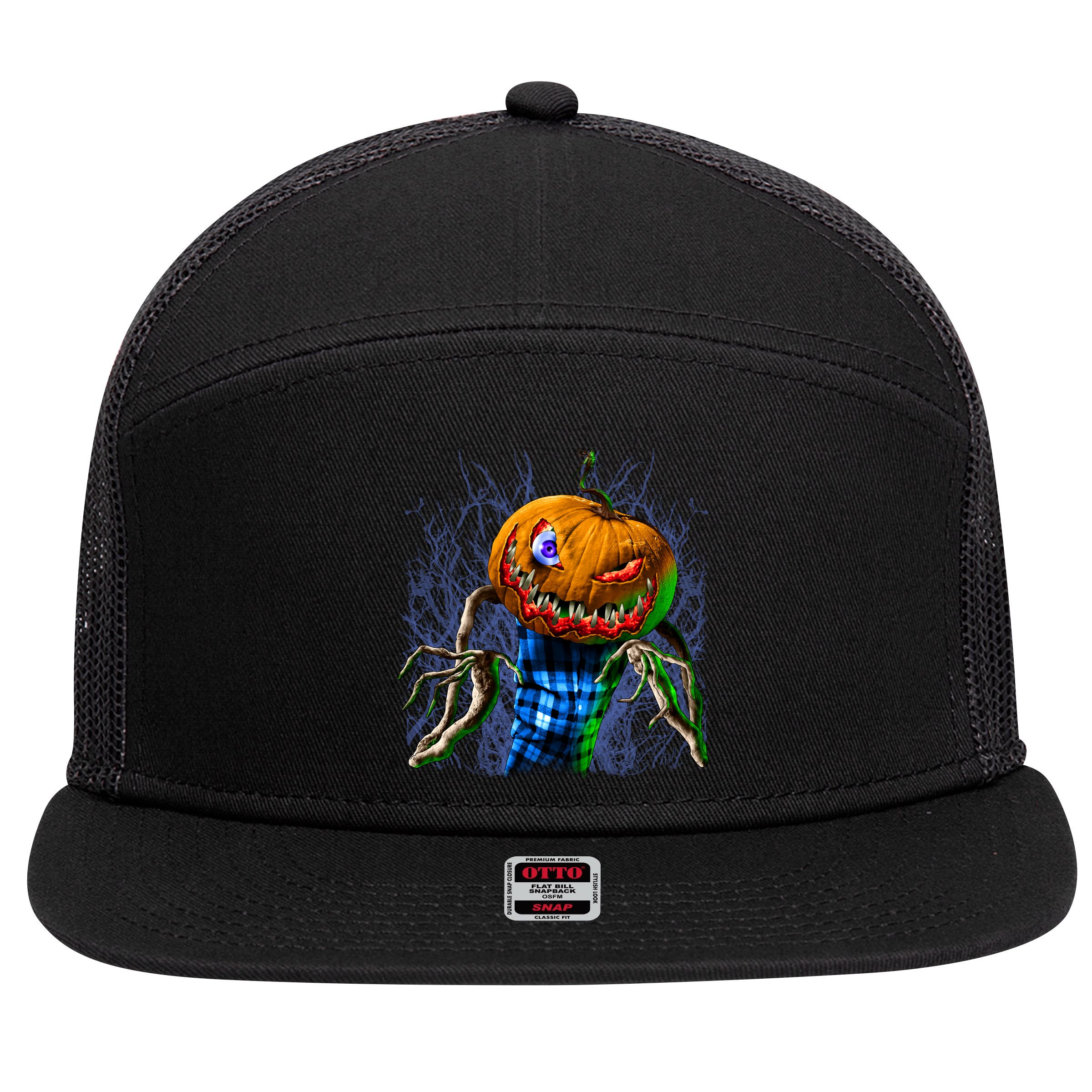 Pumpkinhead Scarecrow Halloween 7 Panel Mesh Trucker Snapback Hat