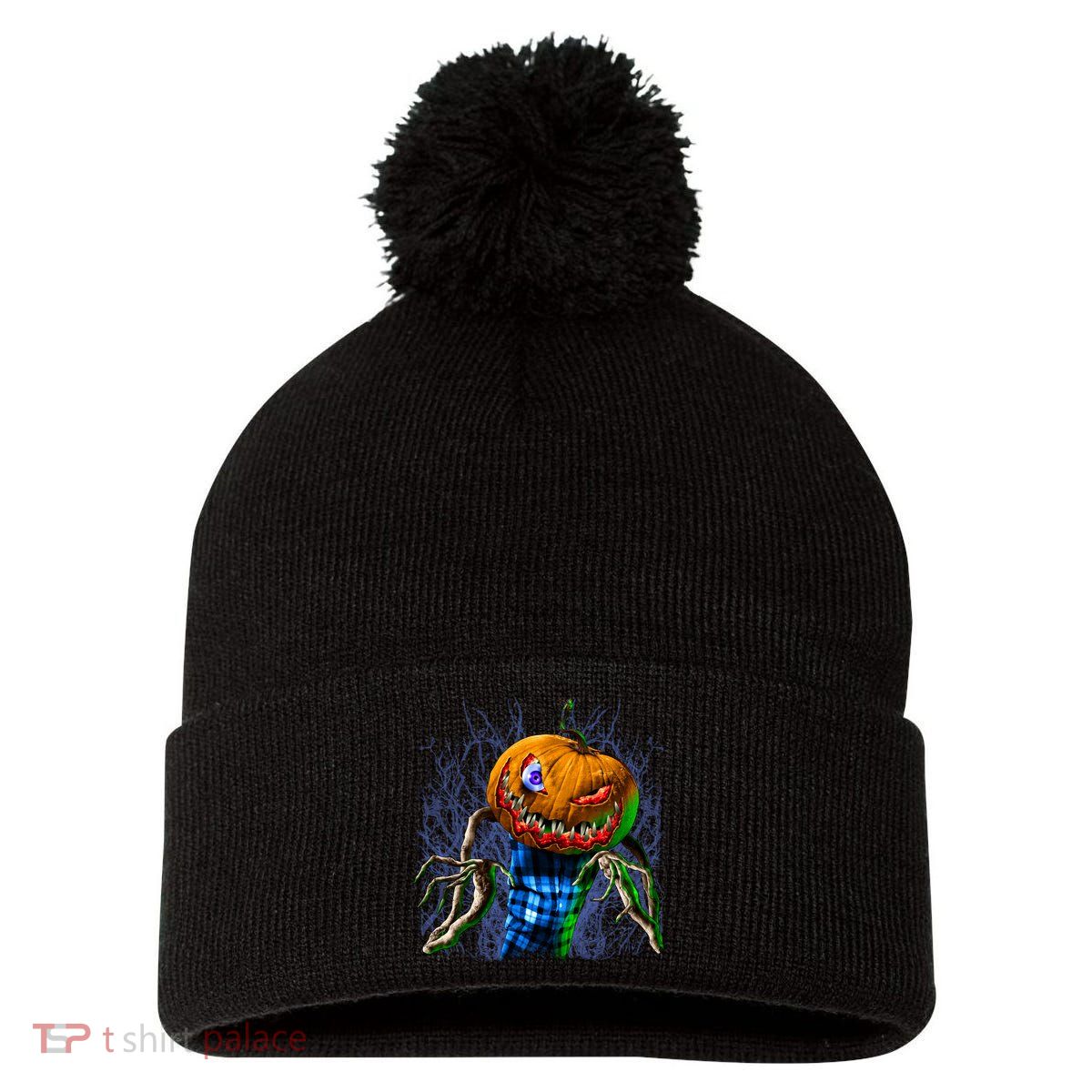 Pumpkinhead Scarecrow Halloween Pom Pom 12in Knit Beanie