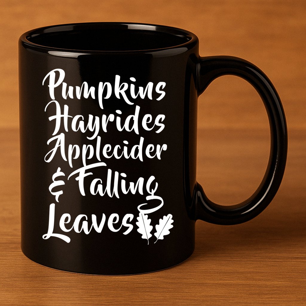 Pumpkins Hayrides Apple Cider and Falling Leaves 11oz C Handle Ceramic Mug