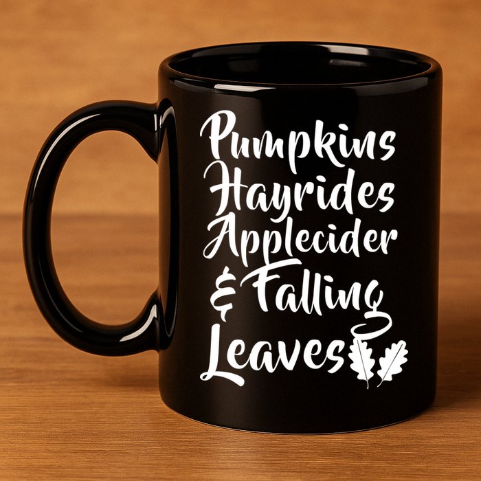 Pumpkins Hayrides Apple Cider and Falling Leaves 11oz C Handle Ceramic Mug