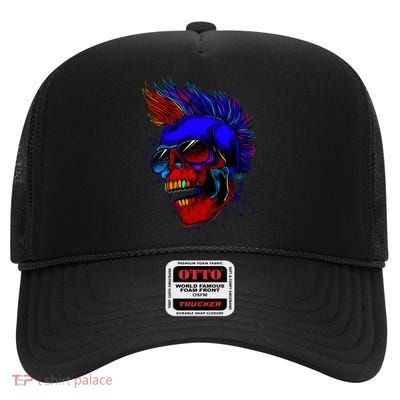 Punk Rock Neon Skull Head High Crown Mesh Back Trucker Hat