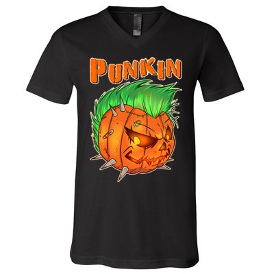 PUNKIN With Mohawk Funny Scary Halloween V-Neck T-Shirt