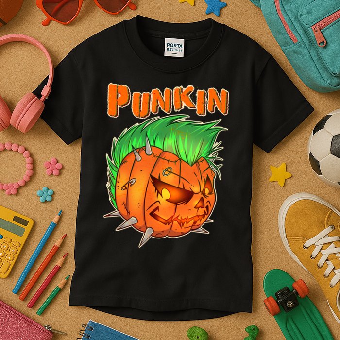 PUNKIN With Mohawk Funny Scary Halloween Kids T-Shirt