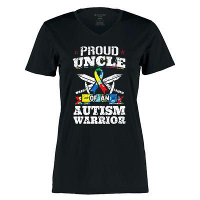 Proud Uncle Of An Autism Warrior Autistic Awareness Ribbon Women's Momentum V-Neck T-Shirt