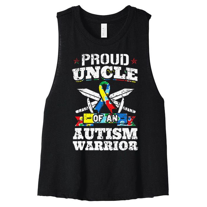 Proud Uncle Of An Autism Warrior Autistic Awareness Ribbon Women's Racerback Cropped Tank