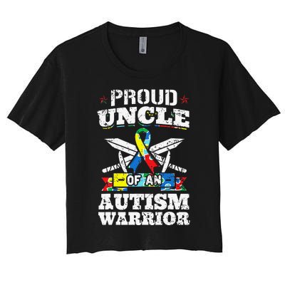 Proud Uncle Of An Autism Warrior Autistic Awareness Ribbon Women's Crop Top Tee