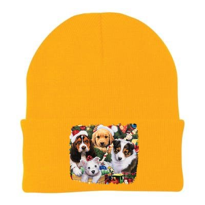 Puppy Surprise Christmas Scene Knit Cap Winter Beanie