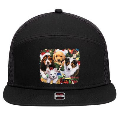 Puppy Surprise Christmas Scene 7 Panel Mesh Trucker Snapback Hat